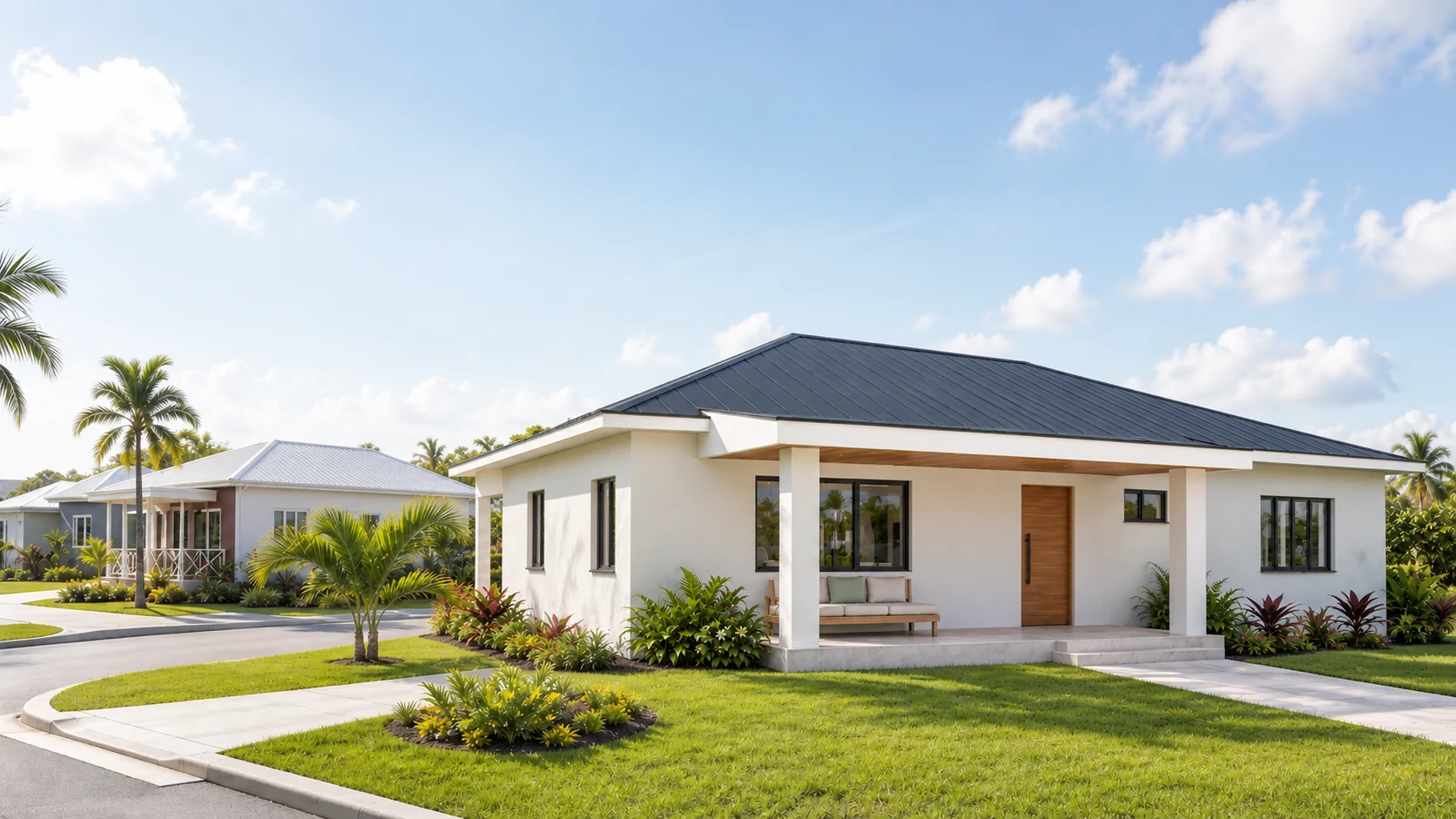 Noah, our flagship three-bedroom steel-frame home with a covered veranda, shown in a design visualisation