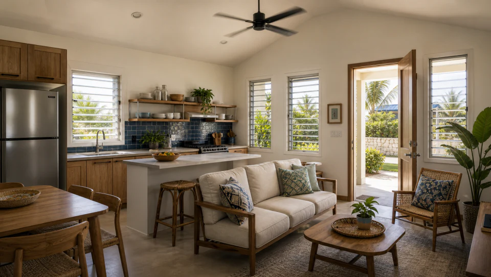 Concept visual of a compact, bright affordable Caribbean home interior