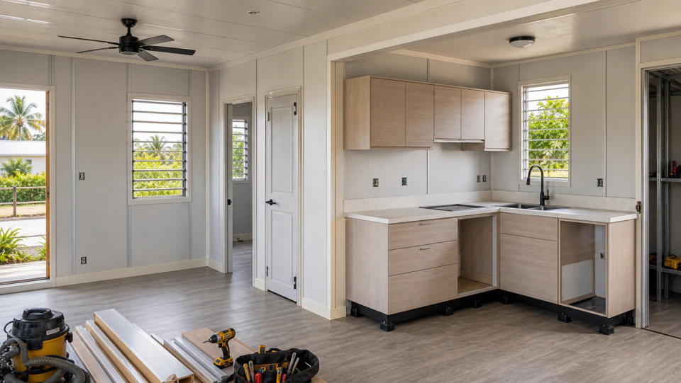 Concept visual of prefinished interior panel installation