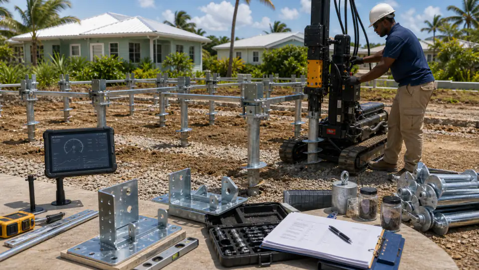 Concept visual of a helical pile foundation kit for a compact home