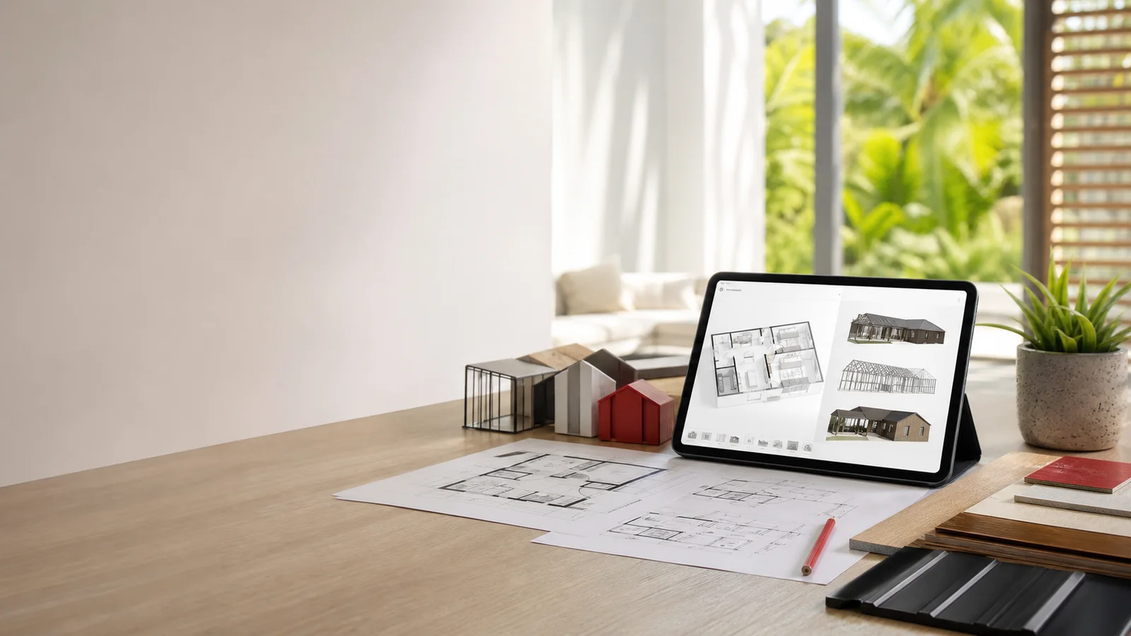 Concept visual of house plans, material samples and a digital configurator on a desk