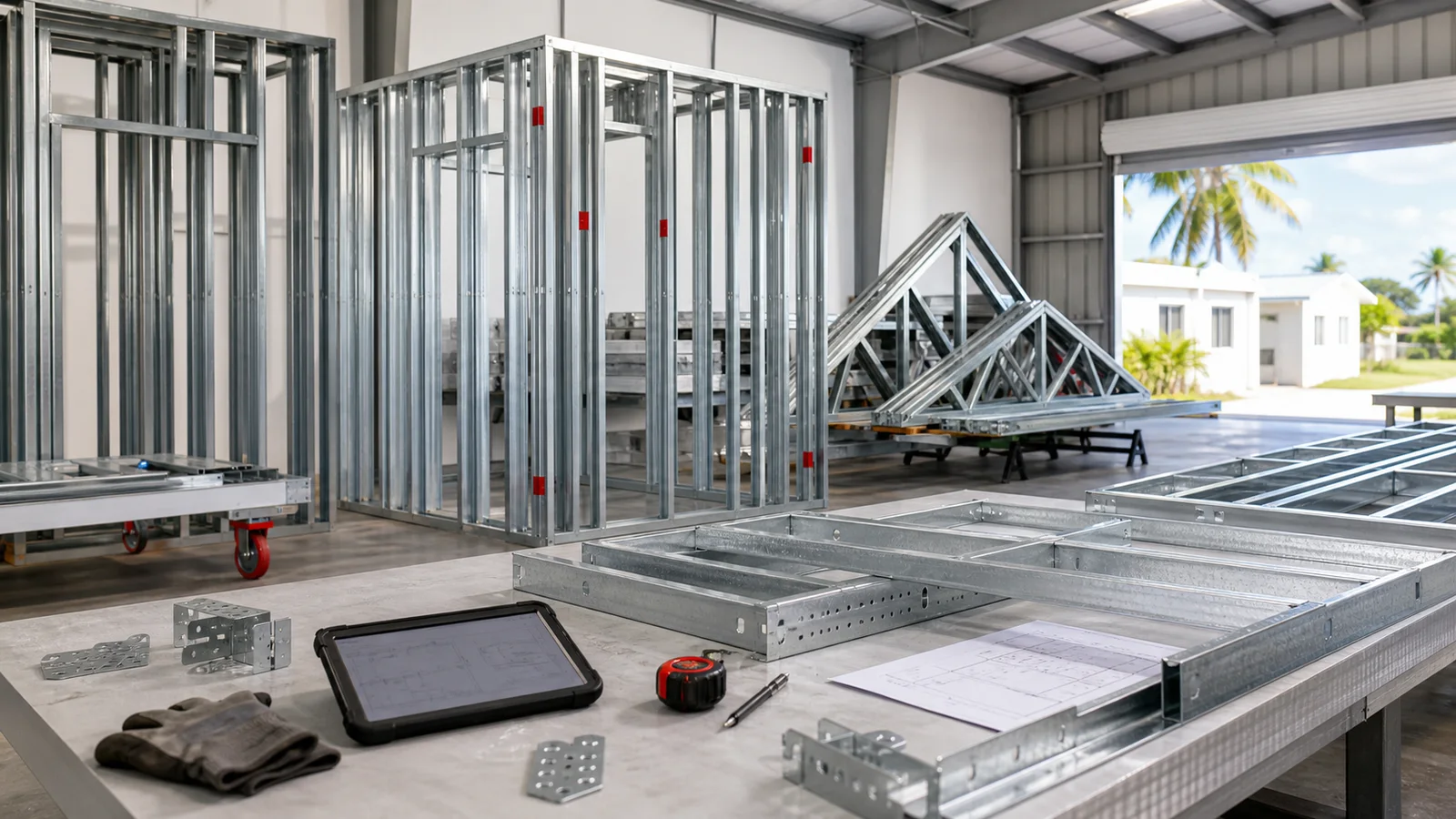 Concept visual of light-gauge steel frames and roof trusses in a clean factory bay