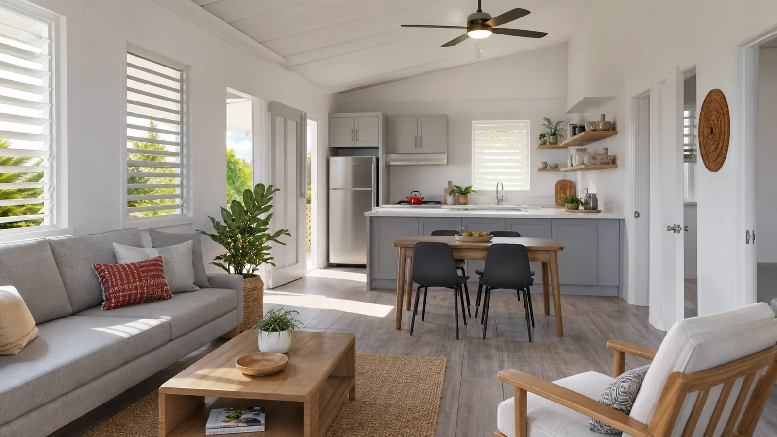 Concept visual of a bright open-plan Caribbean home interior with kitchen and living area