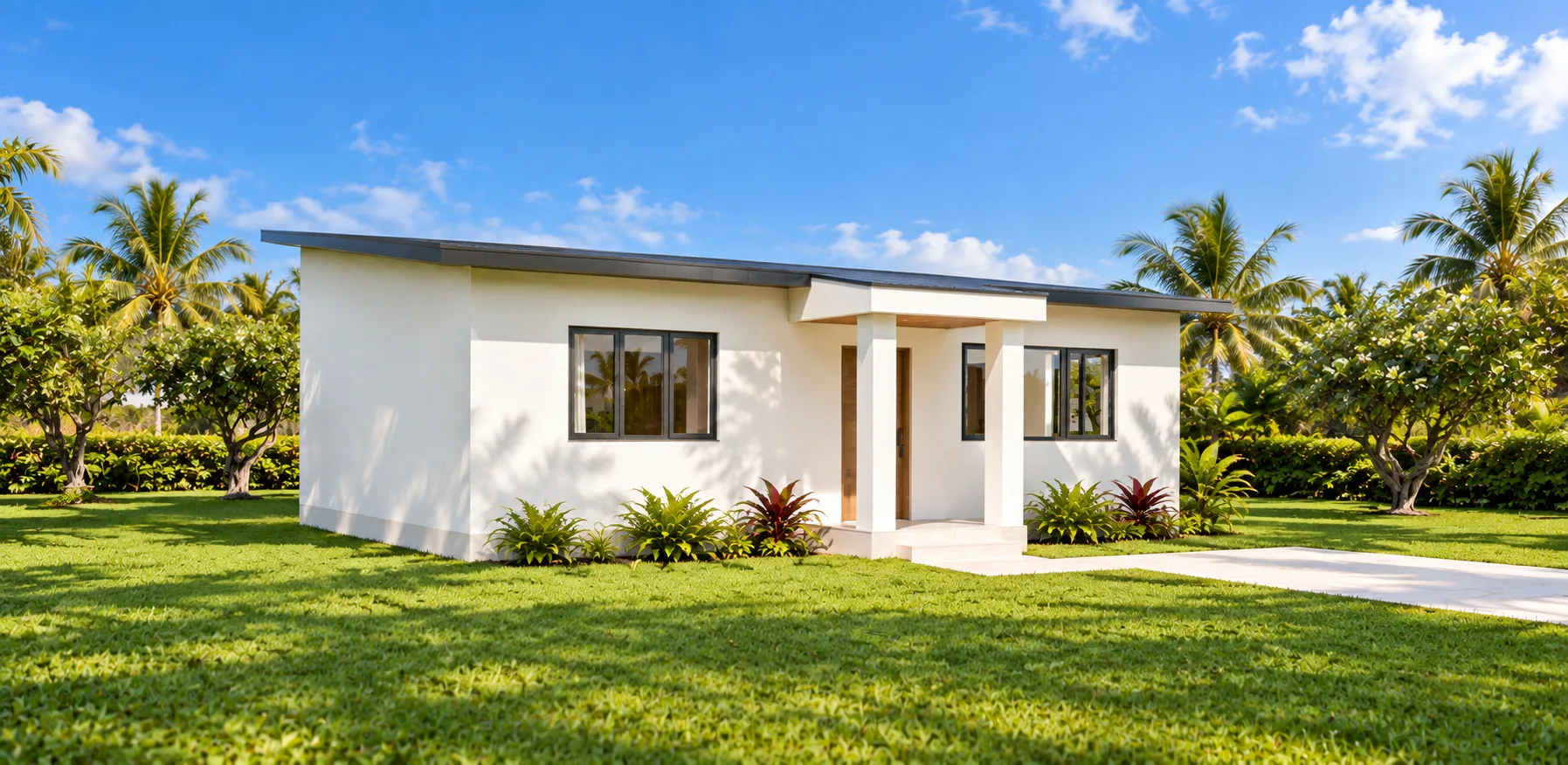 Front three-quarter design visualisation of Adam, a compact 2-bedroom single-storey home