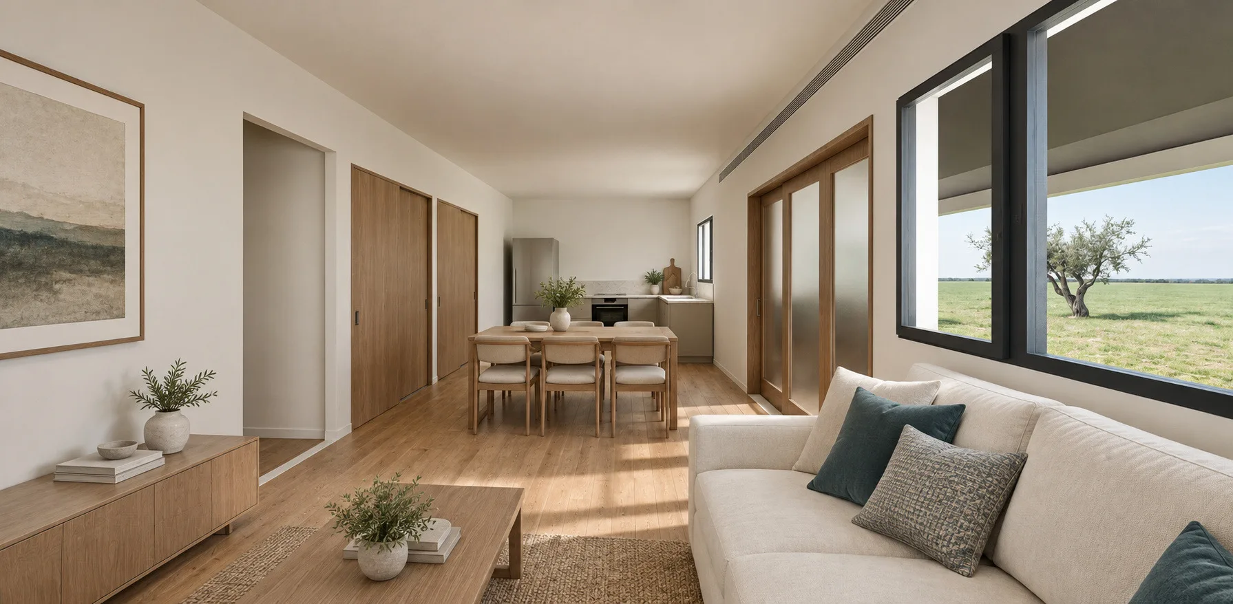 Isaac: Garden living, dining and kitchen — design visualisation