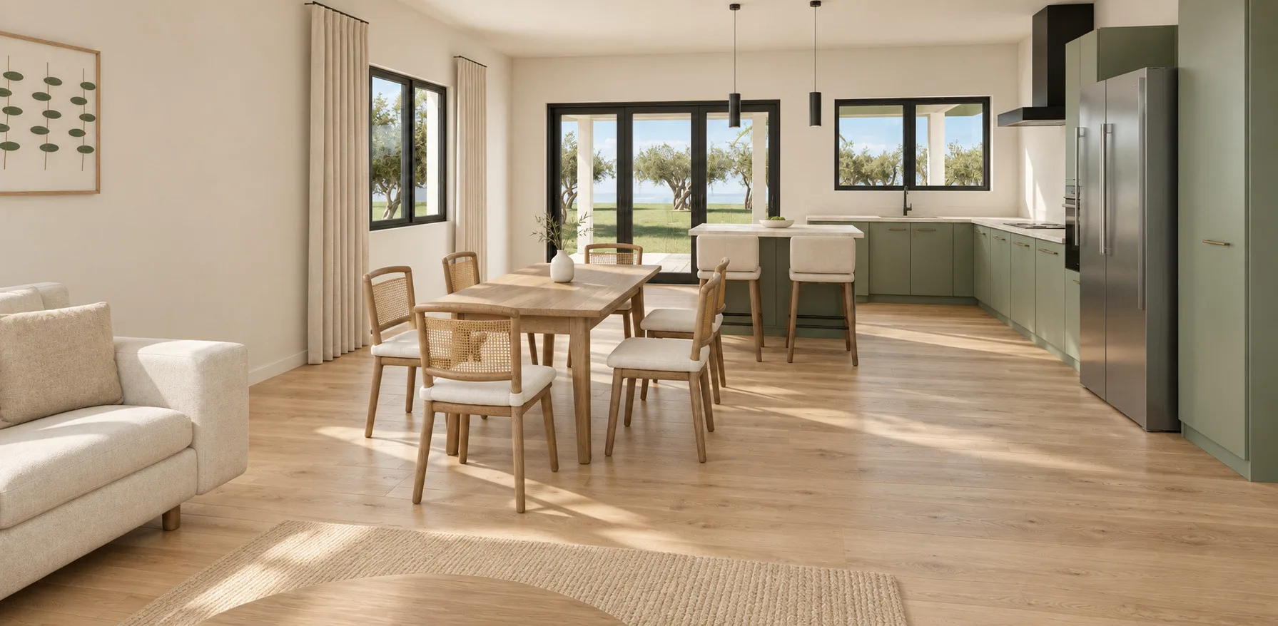 Noah: Living, dining and kitchen — design visualisation