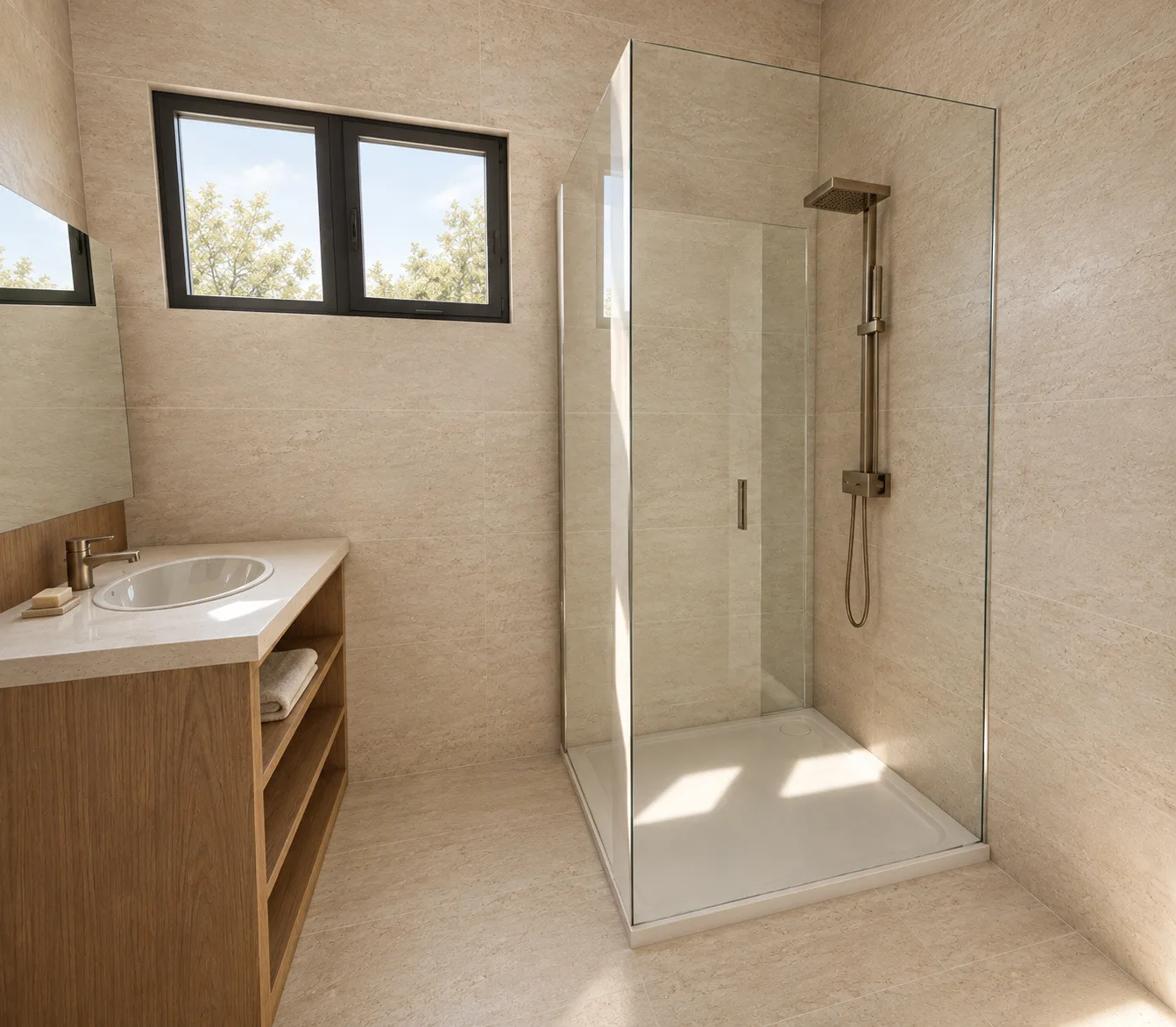 Solomon: family bathroom — shower and window — design visualisation